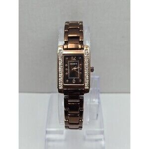 Gruen II Womens Rose Gold Rectangular Watch Crystal Bezel Brown Dial New Battery